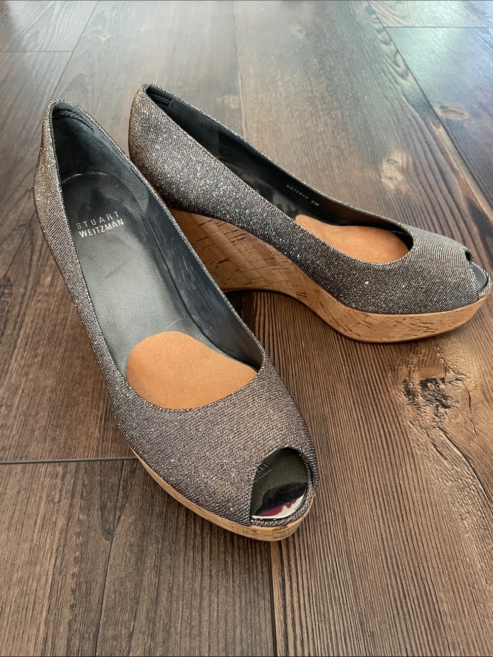 Stuart Weitzman Silver Metallic Leather Cork Wedges Size 8